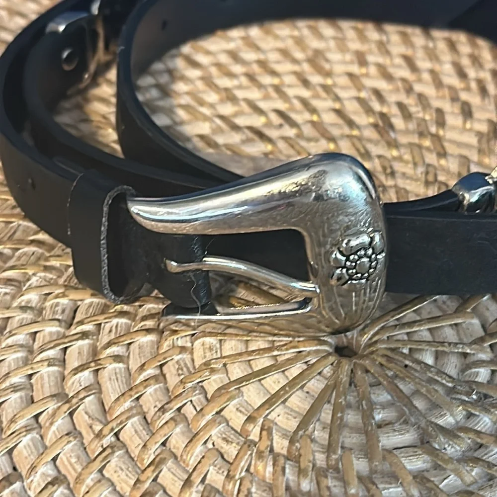 Women’s Black Leather Belt with Silver Metal Floral Buckle and Silver Trim XL